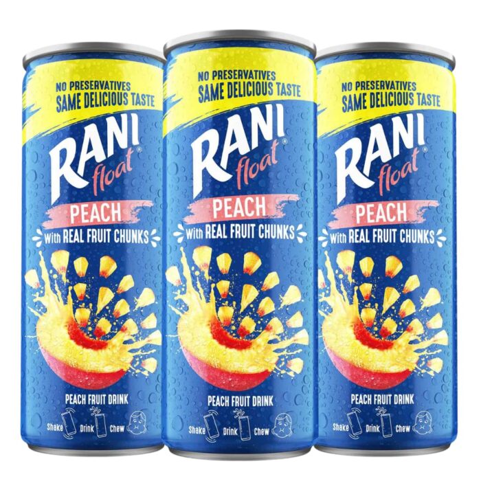 Rani Float Peach Fruit Drink With Chunks|Refreshing Fruit Drink With Peach Chunks|Pack Of 3(240Ml Each)-Can Packaging. Rani Float Peach Fruit Drink With Chunks|Refreshing Fruit Drink With Peach Chunks|Pack Of 3(240Ml Each)-Can Packaging.