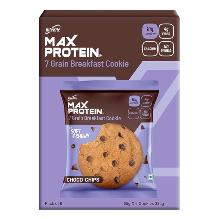 RiteBite Max Protein Choco Chips Cookies with 10g Protein, 4g Fiber | No Maida, GMO Free, No Preservatives 7 Grain Breakfast Cookies, 55g (Pack of 6) RiteBite Max Protein Choco Chips Cookies with 10g Protein, 4g Fiber | No Maida, GMO Free, No Preservatives 7 Grain Breakfast Cookies, 55g (Pack of 6)