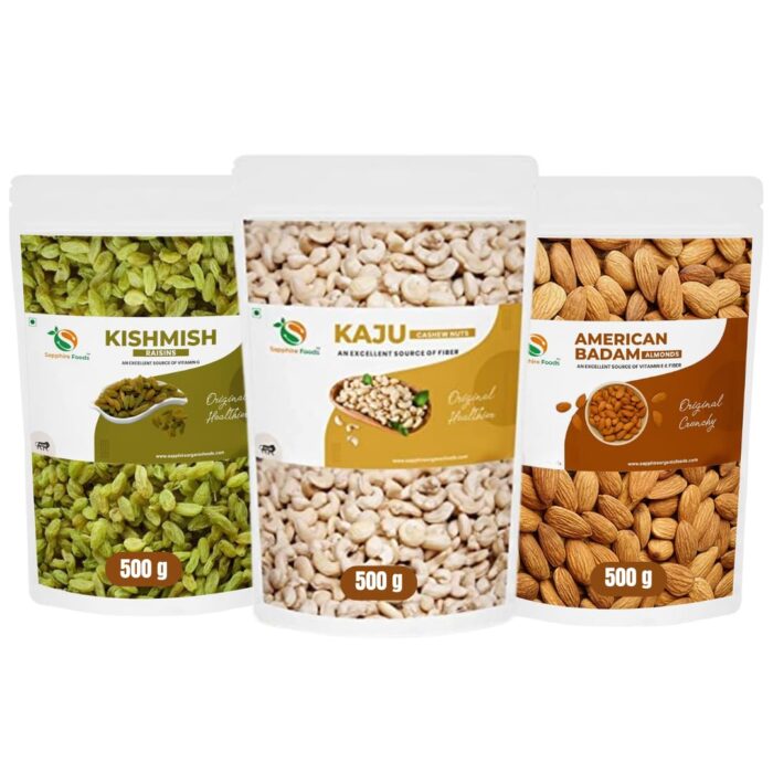 SAPPHIRE FOODS 1500Gm Pack Of 3 Dry Fruits Combo Kishmish Kaju American Badam | Natural Premium Nutritious Cashew Almonds Raisins nut Dry Foods (Each 500gm) SAPPHIRE FOODS 1500Gm Pack Of 3 Dry Fruits Combo Kishmish Kaju American Badam | Natural Premium Nutritious Cashew Almonds Raisins nut Dry Foods (Each 500gm)