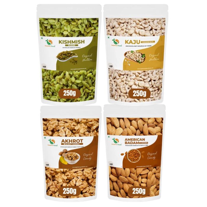 SAPPHIRE FOODS 1kg Pack Of 4 Kishmish Kaju Akhrot American Badam | Natural Premium Nutritious Cashew Almonds Raisins Walnut Dry Foods (Each 250gm) SAPPHIRE FOODS 1kg Pack Of 4 Kishmish Kaju Akhrot American Badam | Natural Premium Nutritious Cashew Almonds Raisins Walnut Dry Foods (Each 250gm)