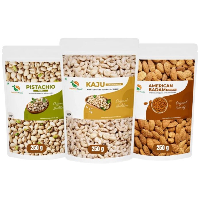 SAPPHIRE FOODS 750gm Pack of 3 Dry Foods Pistachios Cashews Almonds | Healthy Dry Fruits Snacks | Kaju, Badam, Pista Combo (Each 250Gm) SAPPHIRE FOODS 750gm Pack of 3 Dry Foods Pistachios Cashews Almonds | Healthy Dry Fruits Snacks | Kaju, Badam, Pista Combo (Each 250Gm)