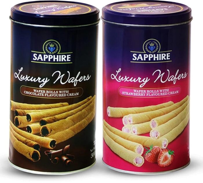 Sapphire Luxury Wafer Rolls Chocolate, 300 g + Sapphire Luxury Wafer Rolls Strawberry, 300 g (Pack of 2) Sapphire Luxury Wafer Rolls Chocolate, 300 g + Sapphire Luxury Wafer Rolls Strawberry, 300 g (Pack of 2)