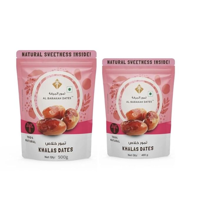 Al Barakah Khalas Dates | All Natural | No Preservatives | No Added Sugar | Gluten Free | Vegan | Energy Booster, High Fibre, Healthy Snacks | 400 + 500 Gram Al Barakah Khalas Dates | All Natural | No Preservatives | No Added Sugar | Gluten Free | Vegan | Energy Booster, High Fibre, Healthy Snacks | 400 + 500 Gram