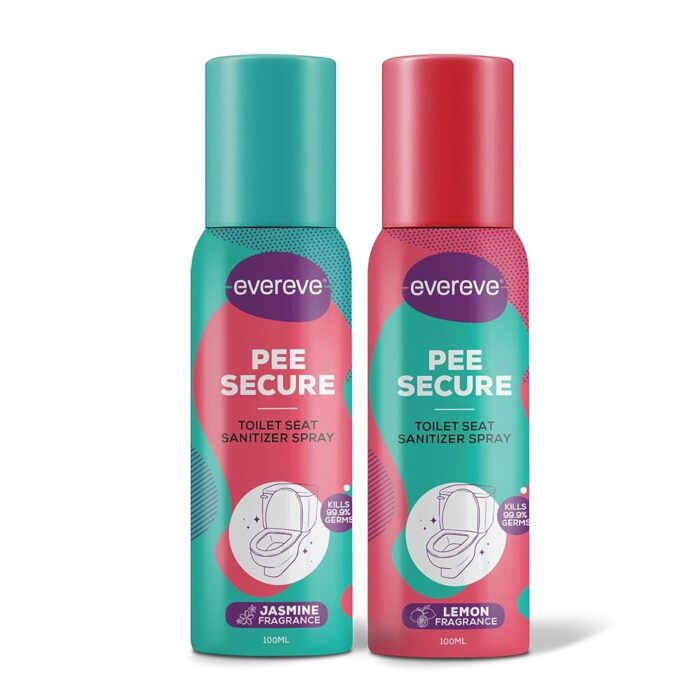 Evereve Pee Secure Toilet Seat Sanitizer Spray Combo, Pack of 2, 100ml, Lemon & Jasmine flavour, Reduces the risk of UTI & Other infections, Anti-Odour & Germ Killing Toilet... Evereve Pee Secure Toilet Seat Sanitizer Spray Combo, Pack of 2, 100ml, Lemon & Jasmine flavour, Reduces the risk of UTI & Other infections, Anti-Odour & Germ Killing Toilet...
