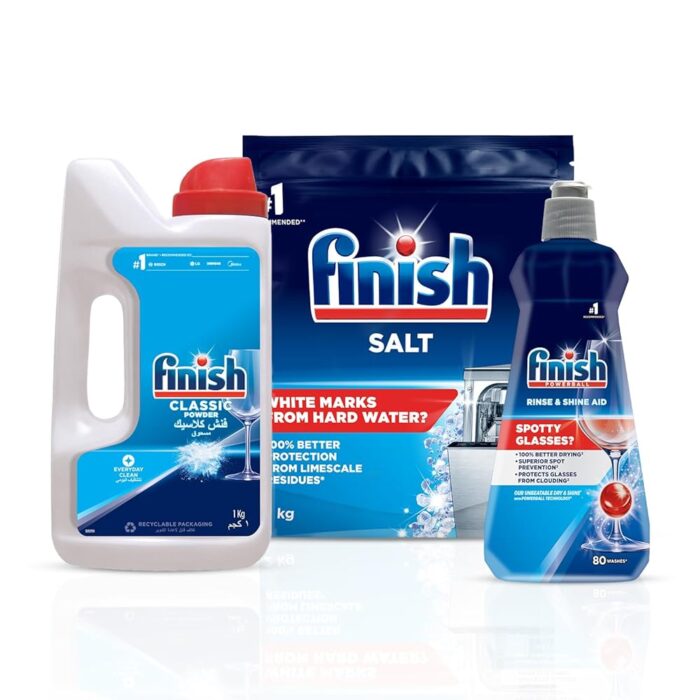 Finish Dishwasher Rinse Aid Liquid, Shine & Dry - 400ml + Dishwasher Salt - 2Kg + Dishwasher Detergent Powder- 1Kg | World's #1 Recommended Dishwashing Brand Finish Dishwasher Rinse Aid Liquid, Shine & Dry - 400ml + Dishwasher Salt - 2Kg + Dishwasher Detergent Powder- 1Kg | World's #1 Recommended Dishwashing Brand