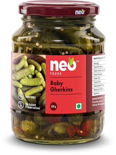 Neo Baby Gherkins I P1 I 100% Vegan I Low Fat Sweet and Crunchy Pickles, Ready to Eat, No GMO I Enjoy with Nachos, Make a Healthy Salad at home I 350g (Pack Of 1) Neo Baby Gherkins I P1 I 100% Vegan I Low Fat Sweet and Crunchy Pickles, Ready to Eat, No GMO I Enjoy with Nachos, Make a Healthy Salad at home I 350g (Pack Of 1)