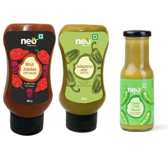 Neo Bhut Hot Sauce 290g, Jalapeno Sauce 290g & Green Chilli Sauce 215g I Made with Ghost Peppers (Bhut Jolokia) I Extra Spicy Chilli Sauce I Topping & Dip for Snacks I 100% Vegan I Neo Bhut Hot Sauce 290g, Jalapeno Sauce 290g & Green Chilli Sauce 215g I Made with Ghost Peppers (Bhut Jolokia) I Extra Spicy Chilli Sauce I Topping & Dip for Snacks I 100% Vegan I