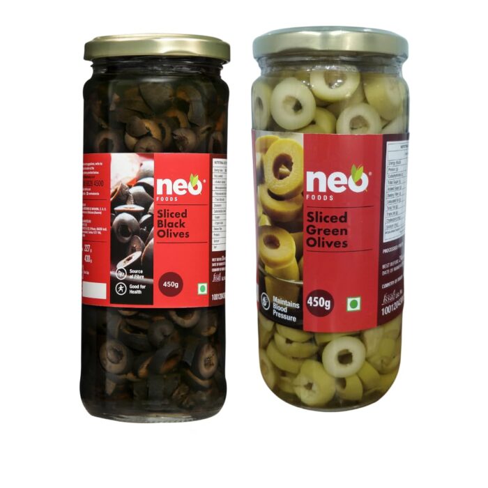Neo Foods Sliced Black Olives 450g & Sliced Green Olives 450g Combo Pack I P2 l Low Fat Ready-to-Eat Healthy Snack, Source of Fibre l Enjoy as Topping for Pizza & Pasta (Sliced... Neo Foods Sliced Black Olives 450g & Sliced Green Olives 450g Combo Pack I P2 l Low Fat Ready-to-Eat Healthy Snack, Source of Fibre l Enjoy as Topping for Pizza & Pasta (Sliced...