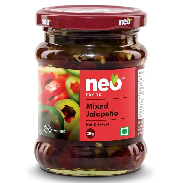 Neo Mixed Jalapenos Hot & Sweet 210g I 100% Vegan I Ready-to-Eat Fibre-Rich Topping for Snacks and Salads I Non-GMO (Pack of 1) Neo Mixed Jalapenos Hot & Sweet 210g I 100% Vegan I Ready-to-Eat Fibre-Rich Topping for Snacks and Salads I Non-GMO (Pack of 1)