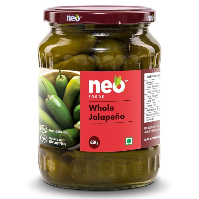 Neo Whole Jalapenos 650g I 100% Vegan & Natural I Ready to Eat Fibre Rich Topping for Snacks and Salads I Enjoy as filling for Wraps I (Pack of 1) Neo Whole Jalapenos 650g I 100% Vegan & Natural I Ready to Eat Fibre Rich Topping for Snacks and Salads I Enjoy as filling for Wraps I (Pack of 1)