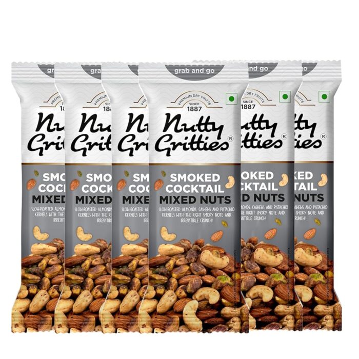 Nutty Gritties Grab And Go Smoked Cocktail Mixed Nuts | 240g (Each Pouch 40g, Pack of 6) Flavoured Almonds, Cashew Nuts, Pistachio Kernel Nutty Gritties Grab And Go Smoked Cocktail Mixed Nuts | 240g (Each Pouch 40g, Pack of 6) Flavoured Almonds, Cashew Nuts, Pistachio Kernel