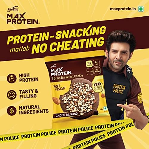 RiteBite Max Protein Choco Almond Cookies with 12g Protein, 8g Fiber | No Madia, GMO Free, No Preservatives 7 Grain Breakfast Cookies, 60g (Pack of 12)